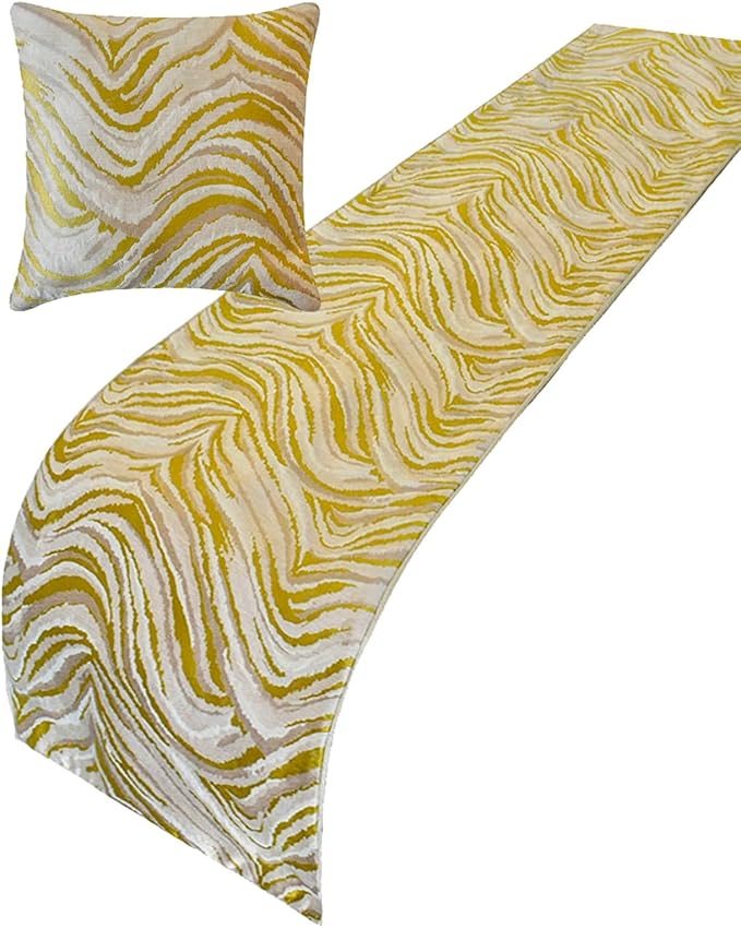 The HomeCentric King/Queen/Twin Yellow & Grey Decorative Bed Runner CA King 86"x18" Bed Runner Without Pillow Cover, Abstract Wave Pattern Bed Scarf on Jacquard Fabric - Yellow Whirls