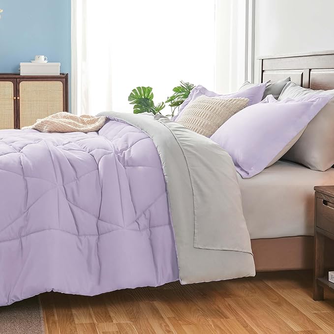 BEDELITE Twin Comforter Set 5 Pieces Bed in A Bag - Soft Microfiber Reversible Lavender Bed Set with Comforters, Sheets, Pillowcase & Sham, Cozy Luxury Bedding Sets for All Season