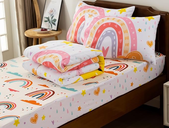 Meeting Story 3pcs Kids Comforter Set Zipper Bedding Set for Girls,Twin Kid Bedding Set Rainbow Comforter Set for Kid,All in one Zipper Bedding(White,Twin)