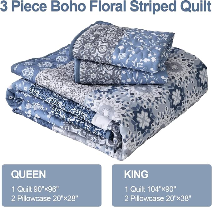 WONGS BEDDING Boho Quilt Set King, Blue Bohemian Striped Patchwork Bedspread Coverlet Set with 2 Pillowcases,Lightweight Microfiber Floral Bedding Set 104"×90"