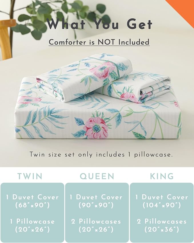 Elegant 100% Cotton Duvet Cover Queen Size - Petal Pink Flowers & Sage Branches on Soft White,Fine Striped Back, Neutural Bedding Set 3Pcs with Button Closure (Queen,90"x90")