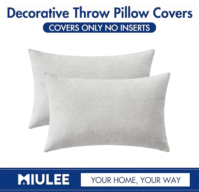 MIULEE Pack of 2 Light Gray Throw Pillow Covers 12x20 Inch Soft Chenille Lumbar Pillow Covers for Sofa Living Room Couch Solid Dyed Cases