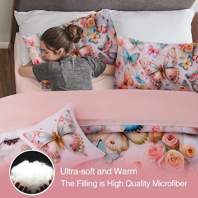 A Nice Night Full 6pcs Bed in A Bag Pink and Blue 3D Various Butterfly Printed, Butterflies Flying in Flower Design Bedding Full Comforter Set, for Girls Kids Teens