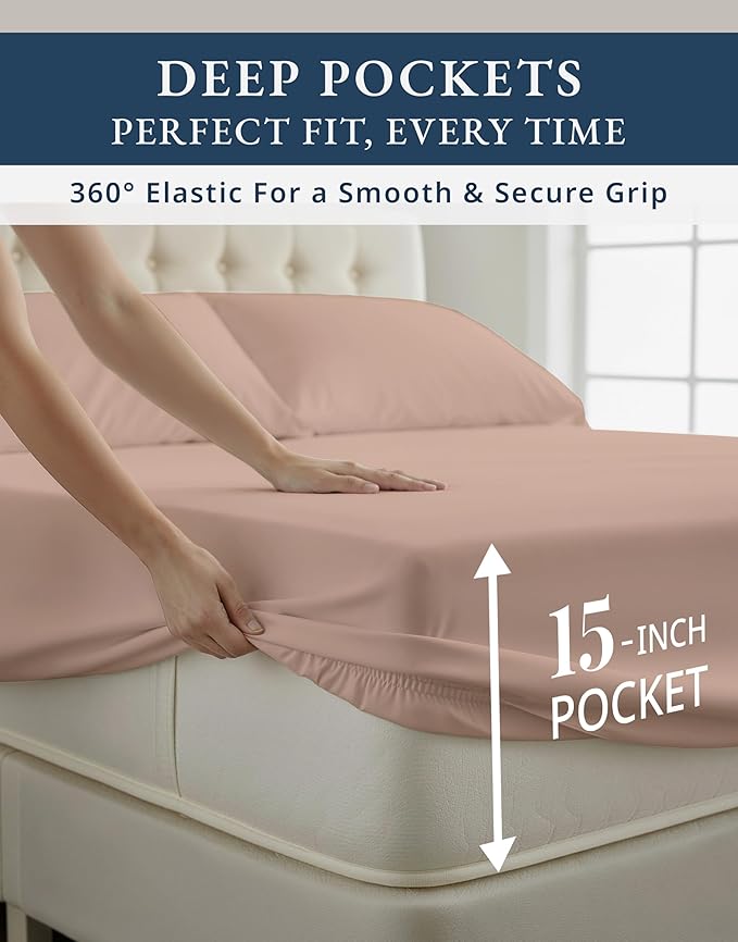 LANE LINEN 100% Egyptian Cotton Split King Bedding Set for Adjustable Beds, Fully Elasticized Reinforced 15 Inch Extra Deep Pocket Split King Sheets, Sateen Weave for Silky Finish - Sepia Rose