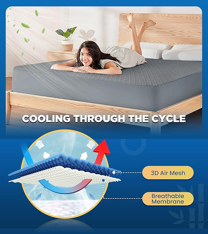 Premium 100% Waterproof Queen Mattress Protector, Breathable Cooling 3D Air Fabric Mattress Cover, Hypoallergenic Noiseless Bed Cover Vinyl Free, 8-21'' Deep Pocket (Gray)
