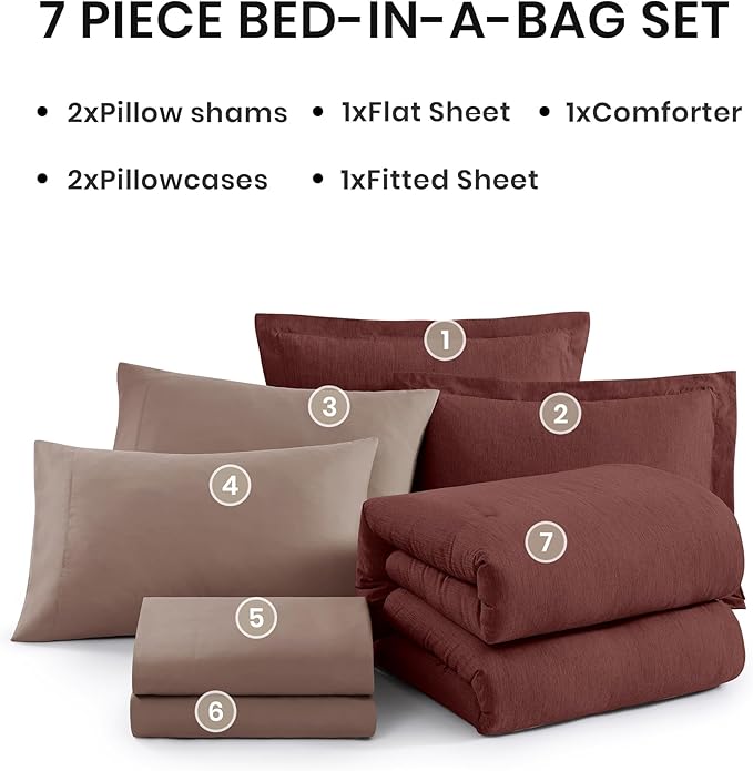 Monbix Queen Comforter Set - 7 Pieces Cationic Dyeing Dark Red Bed in a Bag Queen Bedding Sets with Comforter, Sheets, Pillowcases & Shams, Reversible Bedding Comforters Sets