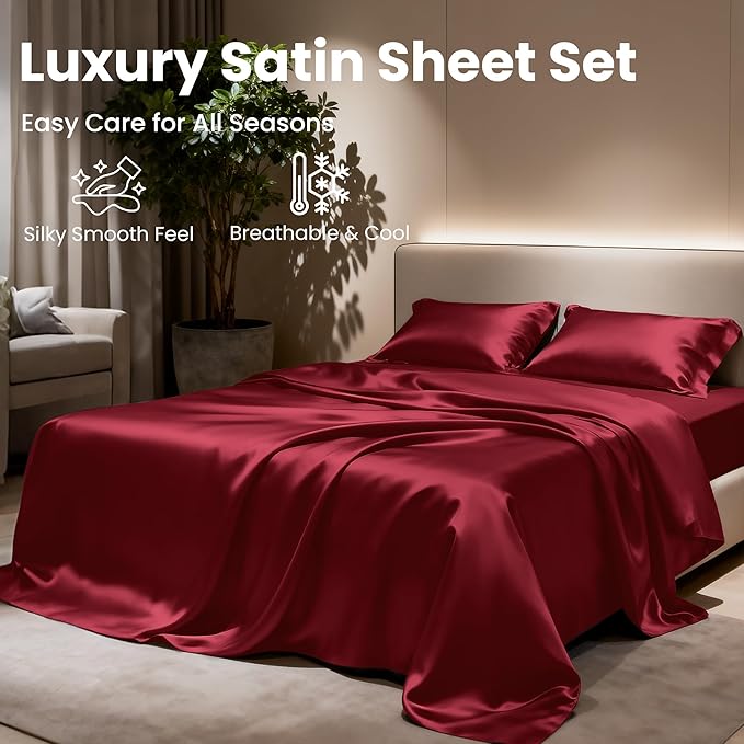 Love's cabin 4Piece California King Satin Bed Linen Set, Burgundy Silky Satin Sheets, Deep Pocket, Luxury Silk Feel, 1 Flat, 1 Fitted Sheet, 2 Pillow Cases