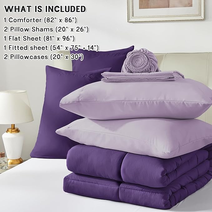 Anluoer Full Comforter Set,Dark Purple&Light Purple Bed in a Bag 7 Piece,Lightweight Bedding Set with Down Alternative Fill,Bed Set Includes Comforter, Fitted Sheet, Flat Sheet,Pillowcases and Shams