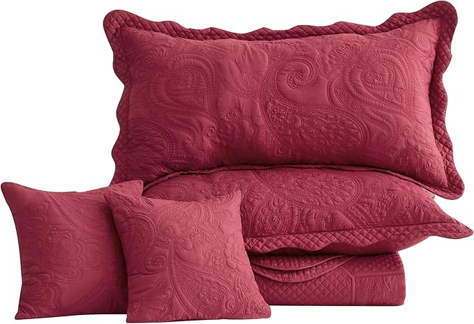Oversized King Bedspread, Paisley Pattern Design, Lightweight Bedding Cover, Reversible, 5 Piece, 100% Microfiber, Wine Red