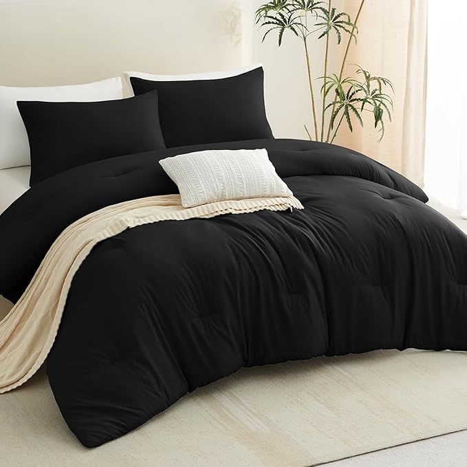 CozyLux Oversized Queen Comforter Set Black, 3 Pieces 98x98 Solid Breathable Quilted Style Bedding Sets All Season, Luxury Soft Down Alternative Comforter Bed Set (1 Comforter & 2 Pillowcases)
