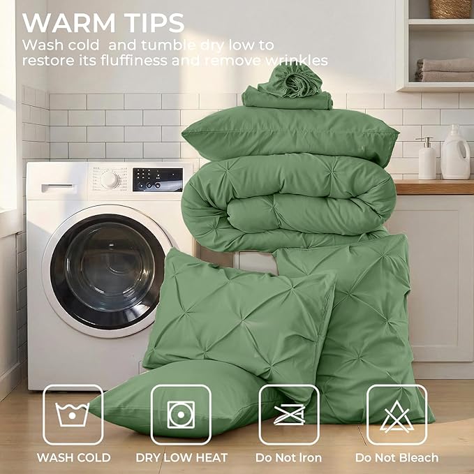 Sasttie Queen Comforter Set, 7-Piece Bed in a Bag, Pintuck Bedding Sets for All Season, Includes Comforter, Flat Sheet, Fitted Sheet, Pillowcases and Pillowshams, Green