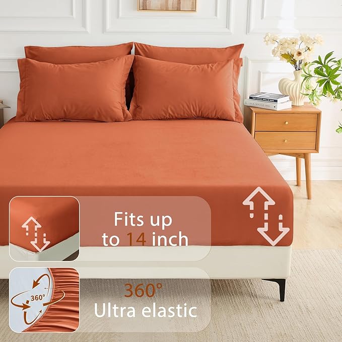 MUXHOMO 7 Pieces King Comforter Set, Soft Bed in a Bag King Size, All Season Bedding Set with Comforter, Flat Sheet, Fitted Sheet, Pillowcases & Shams, Burnt Orange