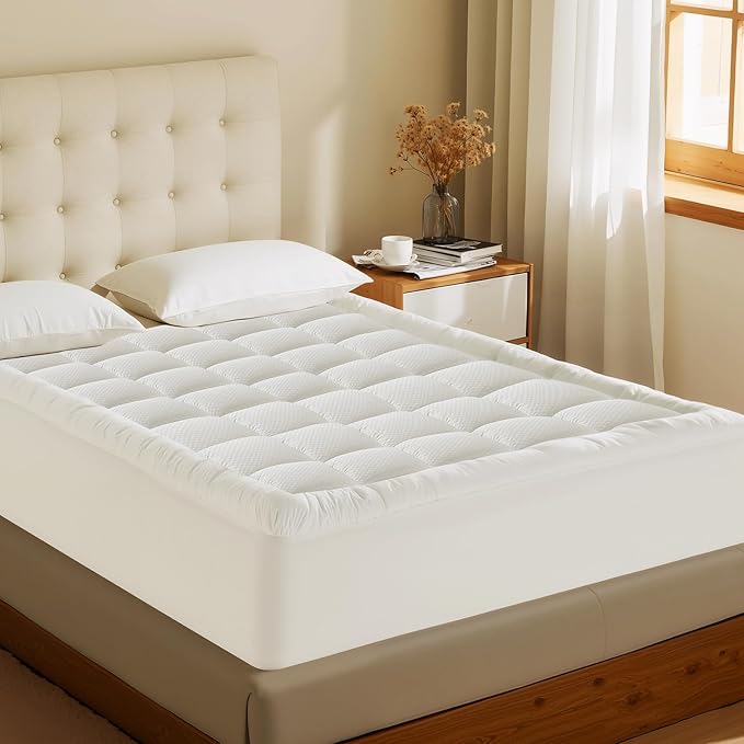 MATBEBY Full XL Mattress Pad - Cooling Breathable Mattress Topper, Quilted Fitted Mattress Protector, Pillow Top Mattress Cover with 8-21" Deep Pocket, Soft, Machine Washable, White, Full Extra Long