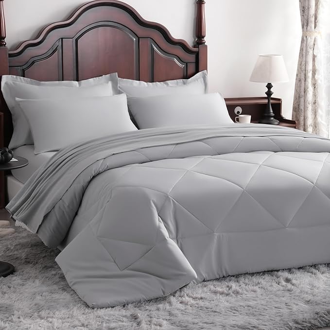 NTBAY Queen Comforter Set with Sheets, 7 Pieces Soft and Breathable Queen Bedding Set, Bed in a Bag, Down Alternative Comforter Set Solid Color All Season, Queen Bedding Set, Light Grey