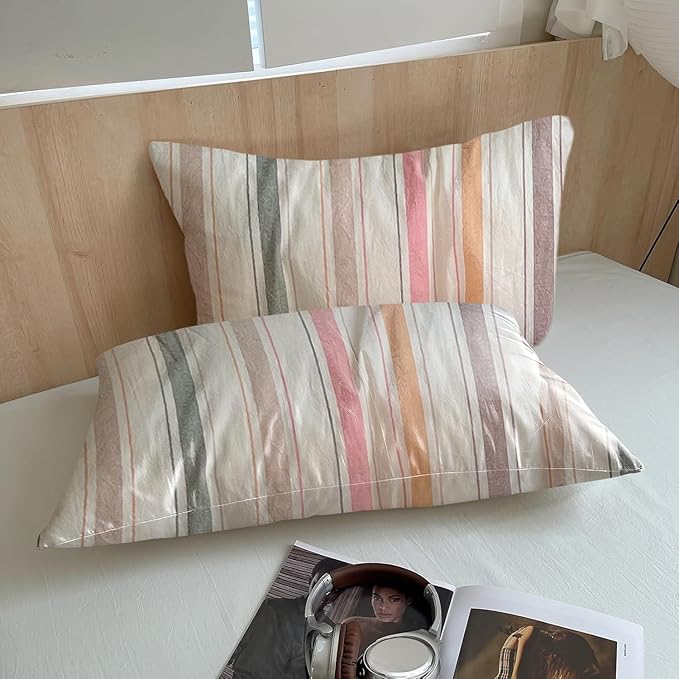 VM VOUGEMARKET Striped Duvet Cover Set Queen Washed Cotton Bedding Multicolor Stripes Duvet Cover with 2 Pillowcases for Girls Women(Orange/Pink/Green/Coffee)