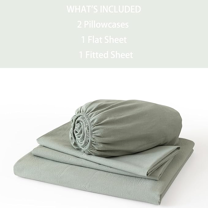 JIYUAN 100% Washed Cotton Sheet Set 4 Pieces King,1 Fitted Sheet,1 Flat Sheet and 2 Pillowcases,Comfy and Breathable Linen Like Bedding Set,Heathered Sage Green