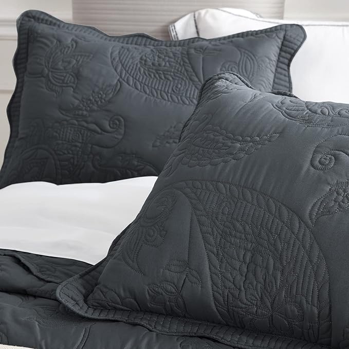 HZ & HY Queen Size Bedspread, Quilted Coverlet Bedding Set, Lightweight Thin Comforter, Reversible, Luxurious, 5 Piece, 100% Microfiber, Queen, Dark Grey