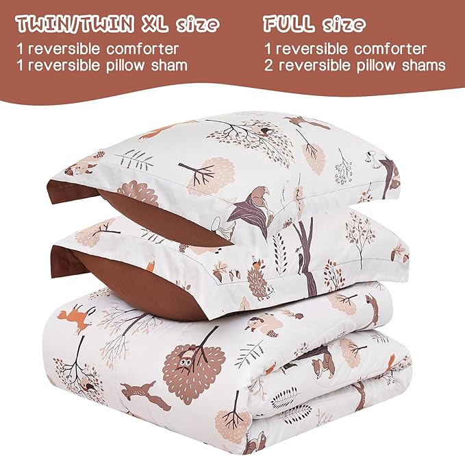 Yibeizi Kids Woodland Comforter Set for Boys Girls Twin Size, Cute Quilted Forest Animal Print Fall Bedding with Pillow Sham, Lightweight Soft Breathable Machine Camping Themed Bed Set 2 Piece