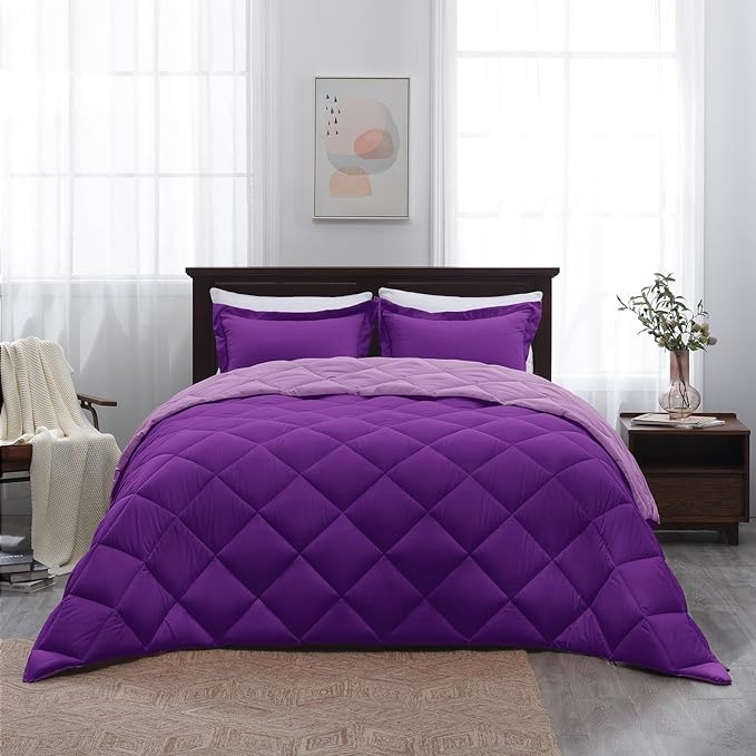 Basic Beyond Queen Comforter Set - Reversible Purple/Lilac Comforter (88"x92") and 2 Pillow Shams (20"x26"+2") for All Seasons