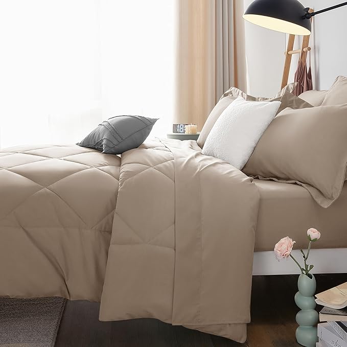 CozyLux Queen Comforter Set Khaki - Bed in a Bag Queen Size 7 Pieces, Luxury Soft Bed Set for All Seasons, Bedding Set with Down Alternative Comforter, Sheets, Pillowcases & Shams