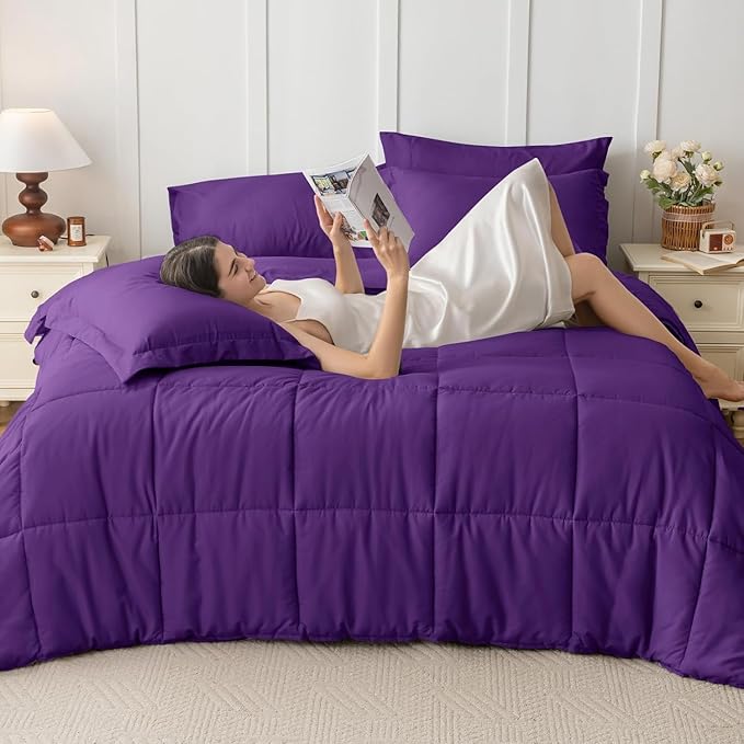 JOLLYVOGUE Twin Comforter Set, Ultra-Soft Bed in a Bag Twin Size 5 Pieces, Oeko-TEX Certified Bedding Set with Down Alternative Comforter, Sheets, Pillowcases & Shams, Purple