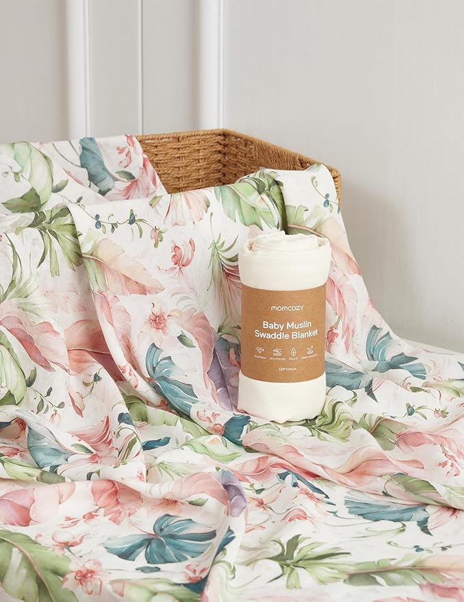 Momcozy Muslin Swaddle Blankets, Ultra Soft Neutral Registry Essentials, Plant Kingdom, Breathable Large 47'' x 47'' Newborn Boys Girls Receiving Blanket