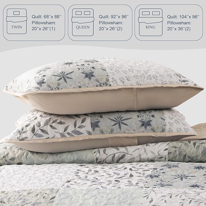 Exclusivo Mezcla Reversible Boho Quilts Twin Size, Gray Bedspreads Lightweight Coverlet All Season Patchwork Quilt Bedding Set with Printed Floral Pattern (1 Quilt, 1 Pillow Sham)