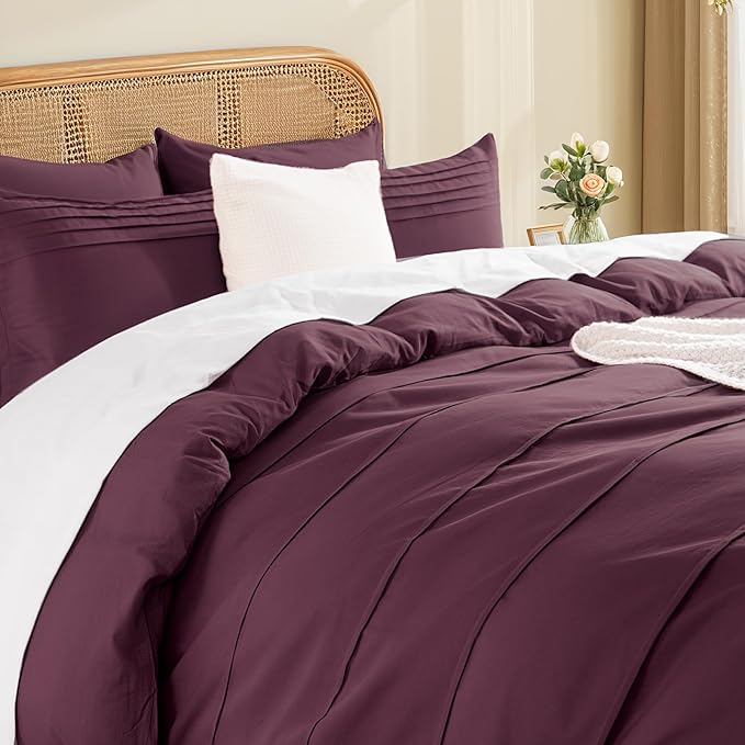NEXHOME PRO 100% Organic Cotton Duvet Cover Full Size, Linen Like Pleated Burgundy Bedding Set Set, 3pc Bedding Set with Zipper Closure, Soft, Breathable (80"x90", No Comforter)