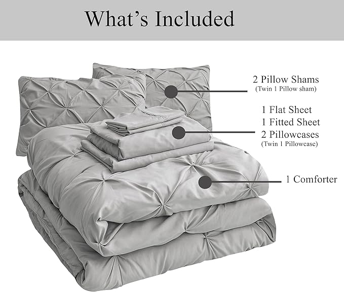 LANE LINEN Queen Comforter Set – 7 Pc Luxury Down Alternative - Pintuck Stitch Design Bedding - 1 Comforter, 1 Flat Sheet, 1 Fitted Sheet, 2 Pillowcases & 2 Shams - Easy Care Machine-Washable – Silver | Plush alt fill, Machine washable, Even warmth spr...