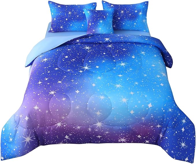 JQinHome Queen Ombre Blue Comforter Set, 6 Piece Bed in A Bag 3D Colorful Bedding Sets for Teen Girls (1 Comforter,2 Pillowcases,1 Flat Sheet,1 Fitted Sheet,1 Cushion Cover)(Star Blue)