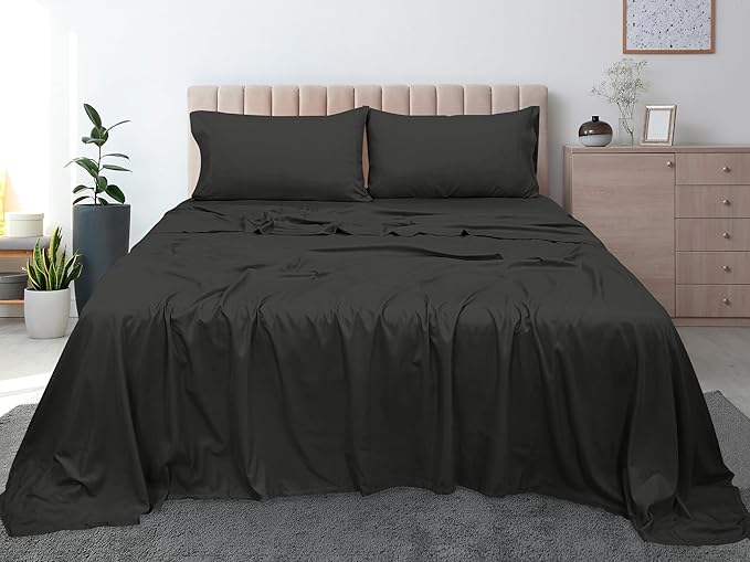 Royale Linens 300 Thread Count 100% Long Staple Combed Cotton Flat Sheet - Super Soft - Top Sheets - California King Flat Sheet Sold Separately - Breathable, Cool & Crisp Sheets Only (Cal King, Black)