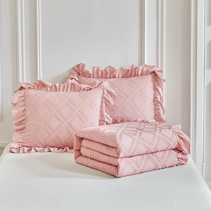 Flysheep Tufted Grids Ruffle Comforter Set Twin Size, 3 Pieces Blush Pink Vintage Farmhouse Shabby Chic Comforters, Jacquard Boho Bohemian Bedding Set for Girls (1 Ruffled Comforter+ 2 Pillow Shams)