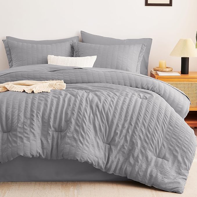 CozyLux Full Size Comforter Sets with Sheets 7 Pieces, Grey Seersucker Bed in a Bag Textured Luxury Soft Gray Bedding Set with Down Alternative Comforter, Sheets, Pillowcases & Shams for All Seasons