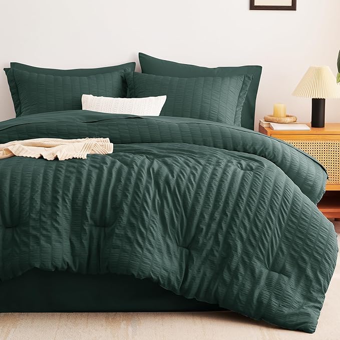 CozyLux Twin Comforter Set with Sheets 5 Pieces, Forest Green Seersucker Textured Bed in a Bag, Luxury Soft Bedding Set with Down Alternative Comforter, Sheets, Pillowcases & Shams for All Seasons