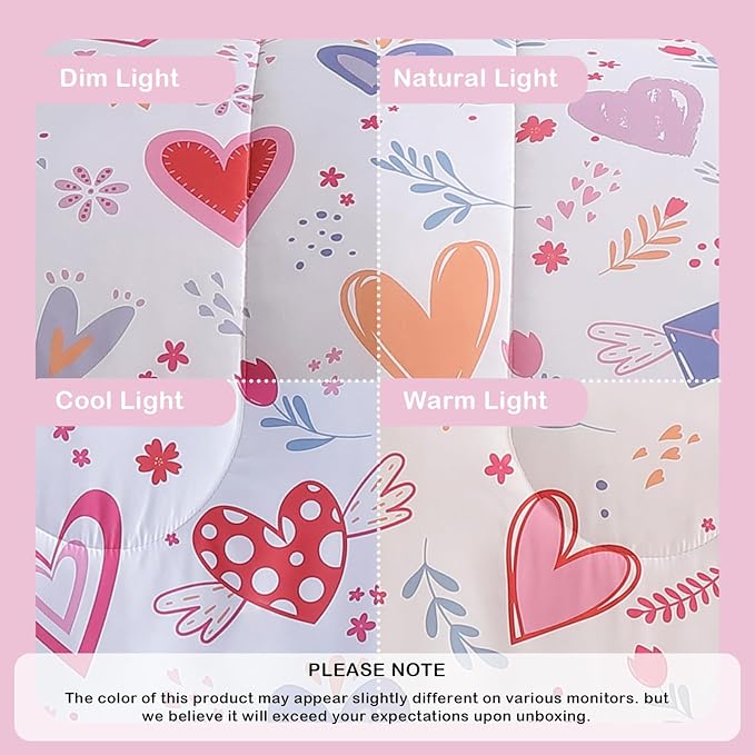 Twin Comforter Set for Girls-3 Pieces Heart Twin Bedding Set with 1 Comforter, 1 Decor Pillow, 1 Pillow Sham