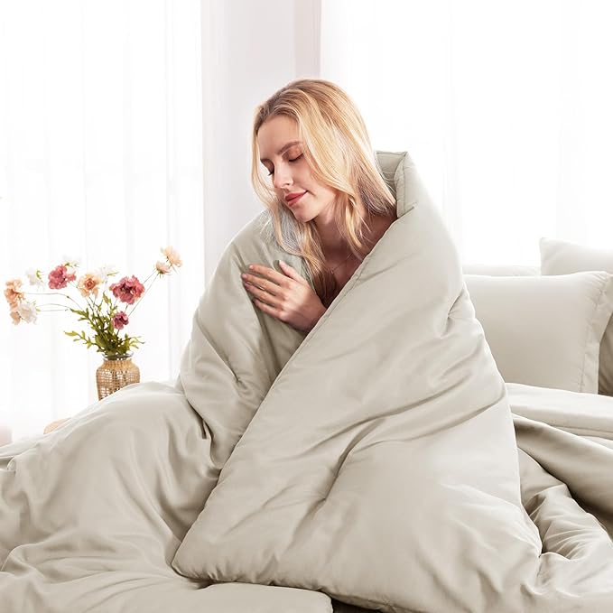 CozyLux Oversized Queen Comforter Set Beige, 7 Pieces Bed in a Bag Comforter Set with Sheets, Soft Bedding Sets with Down Alternative Comforter, Fitted Sheet, Flat Sheet, Pillow Shams and Pillowcases