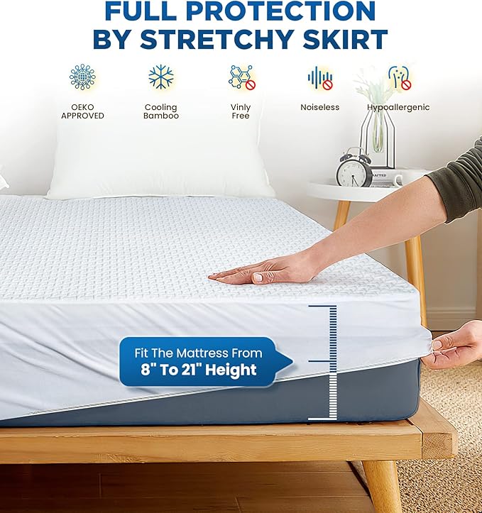 Premium 100% Waterproof Cal King Mattress Protector Breathable Cooling 3D Air Fabric Mattress Cover Smooth Soft Hypoallergenic Noiseless Bed Cover Machine Washable Vinyl Free 8-21'' Deep Pocket