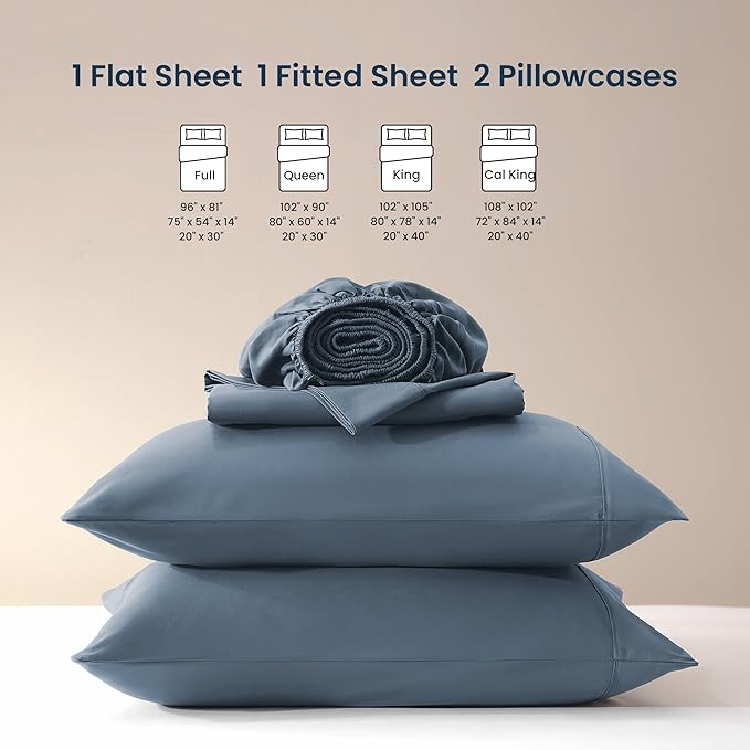 SLEEP ZONE King Sheet Set – 4 Piece Bed Sheets for King Size Bed, Soft and Breathable Cooling Microfiber, Includes 1 Fitted Sheet, 1 Flat Sheet and 2 Pillowcases Deep Pocket 16" (Flint Blue, King)