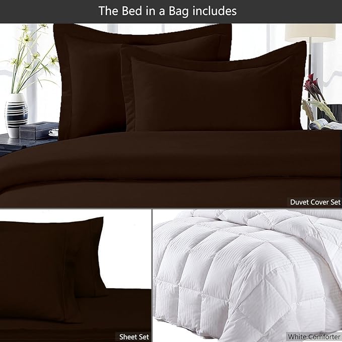 8 Pieces 100% Cotton Solid Chocolate Full Goose Down Bed in a Bag Set Including 600TC Sheet Set + 600TC Duvet Cover Set+ All Season Striped Goose Down Comforter 600 Fill Power