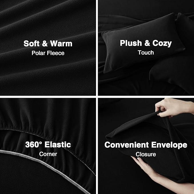 Love's cabin Fleece Queen Sheet Set - 4 Pcs Black Super Soft Plush Polar Fleece Bed Sheets Set with 16" Deep Pocket,Cozy Warmth for Cold Season(1 Flat Sheet,1 Fitted Sheet,2 Pillow Cases)