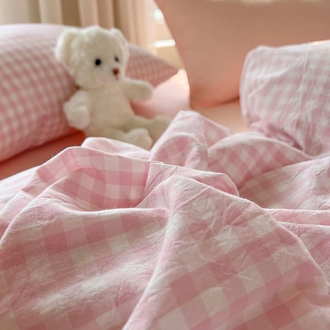 mixinni Light Pink Gingham Duvet Cover Set Queen Size - 100% Washed Cotton 3 Piece Plaid Checkered Bedding Set, Soft Comfy Grid Farmhouse Comforter Cover with Zipper Closure & Corner Ties