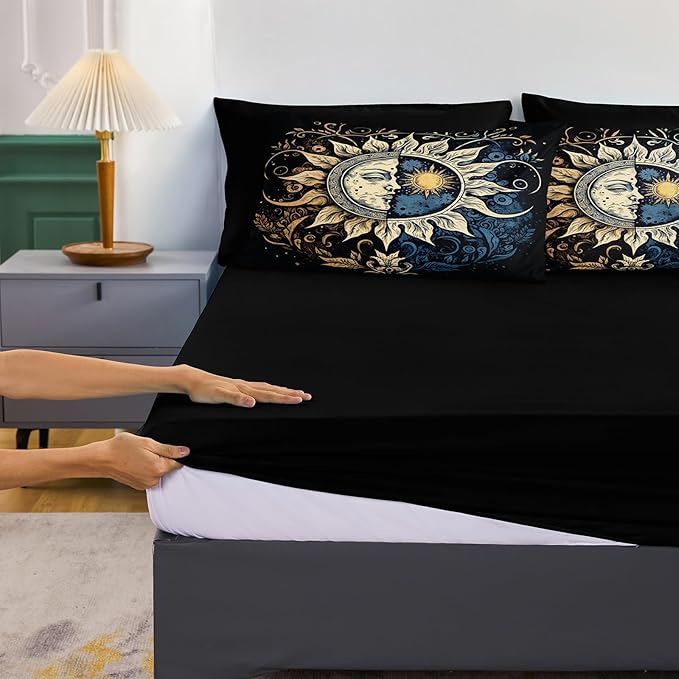 Sun and Moon Comforter Set Black Boho Bedding Set Celestial Galaxy Starry Space Bedding Comforter Mandala Exotic Black Bed in A Bag Queen Size