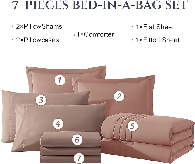 Monbix King Size Comforter Set - 7 Pieces Bed in a Bag King, Clay Pink Bedding Sets with Comforter, All Seasons Comforter Bed Set with Sheets, Pillowcases & Shams