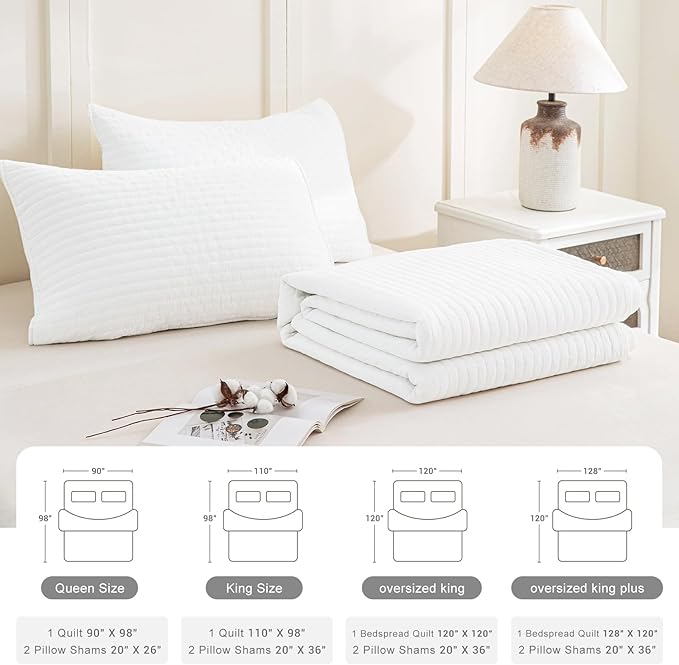 CozyTide Oversized King Bedspread 128"x120",Stone-Washed Cotton White Oversized King Quilt Bedding Set,Soft Lightweight Extra Large Farmhouse Boho Bedspread & Coverlet Sets 3 Pieces