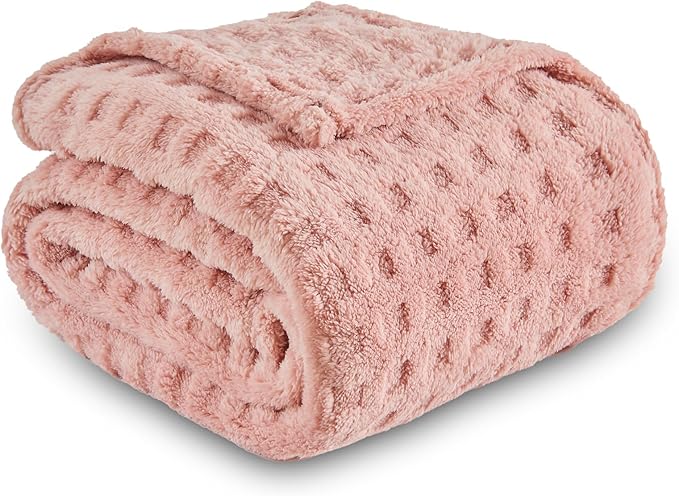 NEWCOSPLAY Super Soft Twin Blanket Pink Premium Silky Flannel Fleece 3D Waffle Checkered Lightweight Bed Blanket All Season Use (Pink, Twin(60"x80"))