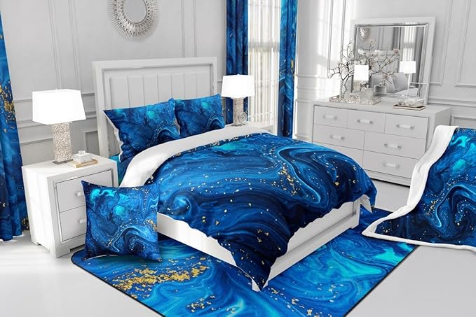 Ombre Blue Marble Bedding Set King, Black And Blue Marble Comforter Set for Boys Girls Teens Adult, Abstract Ocean Wave Fluid Duvet Set with Golden Sequins, Modern Aesthetic Liquid Quilted Comforter