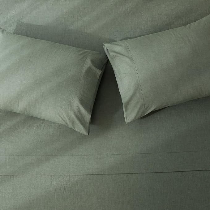JIYUAN 100% Washed Cotton Sheet Set 4 Pieces Full,1 Fitted Sheet,1 Flat Sheet and 2 Pillowcases,Comfy and Breathable Linen Like Bedding Set,Heathered Green