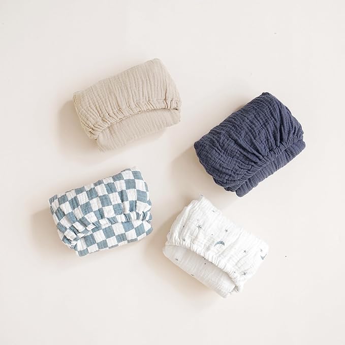 Konssy 2 Pack Muslin Bassinet Sheets for Boys, Girls, 100% Cotton Soft Breathable Fitted Bassinet Mattress Sheet, 32 x 16 inches (Navy,Cream)