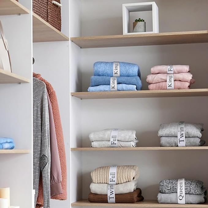 Bed Sheet Organizer Bands Bed Sheet Organizer and Storage Size Label Bands for Closet Organization Linen Elastic Bedding Straps for Foldable Bedsheet, Pillow Case, Duvet