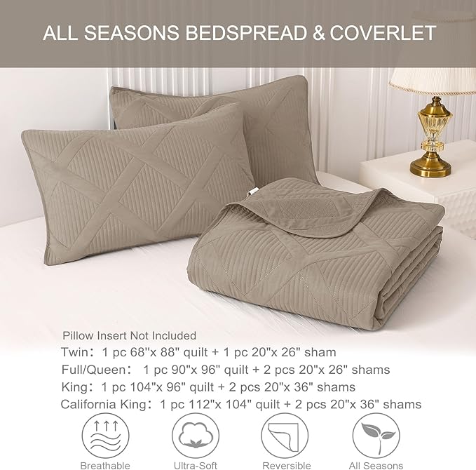 Exclusivo Mezcla Full Queen Size Quilt Set with Modern Striped Pattern, 3 Pieces Summer Lightweight Taupe Quilts Bedding Set, Soft Bedspreads Coverlets for All Seasons